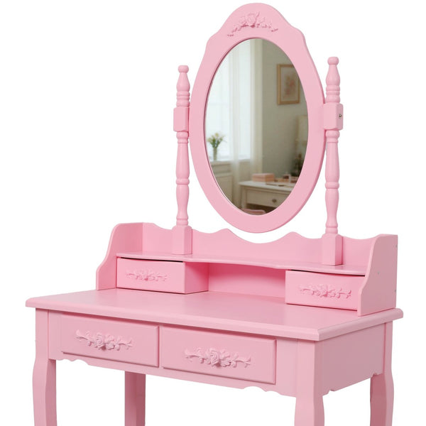 English Elm Pink Girls Vanity Desk with Swivel Mirror Cushioned Stool and Four Drawer MDF Storage W465P391679