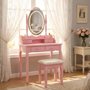 English Elm Pink Girls Vanity Set with LED Mirror Four Drawers Cushioned Stool and MDF Dressing Table W465P391681