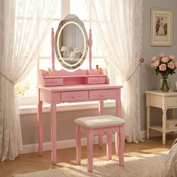 English Elm Pink Girls Vanity Set with LED Mirror Four Drawers Cushioned Stool and MDF Dressing Table W465P391681