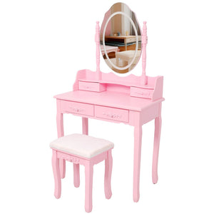 English Elm Pink Girls Vanity Set with LED Mirror Four Drawers Cushioned Stool and MDF Dressing Table W465P391681