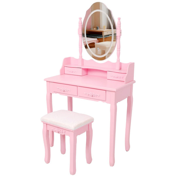 English Elm Pink Girls Vanity Set with LED Mirror Four Drawers Cushioned Stool and MDF Dressing Table W465P391681