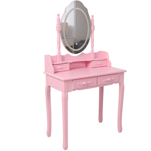 English Elm Pink Girls Vanity Set with LED Mirror Four Drawers Cushioned Stool and MDF Dressing Table W465P391681