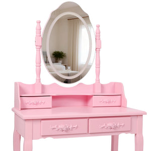 English Elm Pink Girls Vanity Set with LED Mirror Four Drawers Cushioned Stool and MDF Dressing Table W465P391681