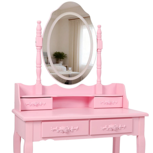 English Elm Pink Girls Vanity Set with LED Mirror Four Drawers Cushioned Stool and MDF Dressing Table W465P391681