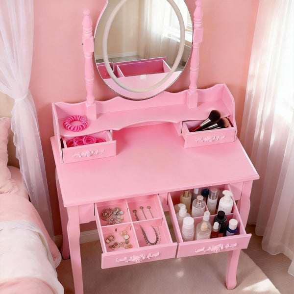 English Elm Pink Girls Vanity Set with LED Mirror Four Drawers Cushioned Stool and MDF Dressing Table W465P391681