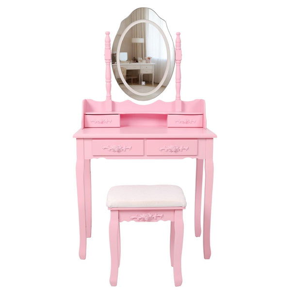 English Elm Pink Girls Vanity Set with LED Mirror Four Drawers Cushioned Stool and MDF Dressing Table W465P391681