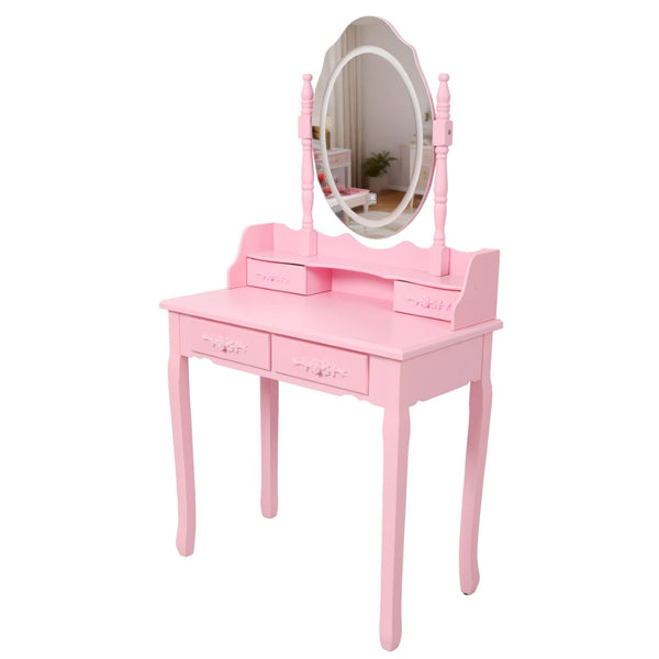 English Elm Pink Girls Vanity Set with LED Mirror Four Drawers Cushioned Stool and MDF Dressing Table W465P391681