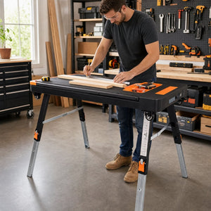 English Elm 8-in-1 Folding Workbench with Lockable Wheels Heavy Duty Abs Aluminum Garage Workshop W465P409117