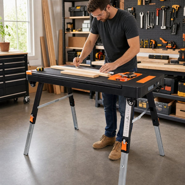 English Elm 8-in-1 Folding Workbench with Lockable Wheels Heavy Duty Abs Aluminum Garage Workshop W465P409117