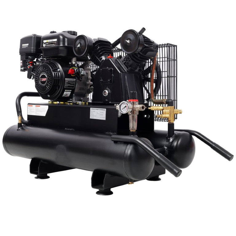 English Elm 6.5Hp Gas Wheelbarrow Air Compressor Cast Iron Twin Tank Jobsite Portable 143 PSI W465P422104