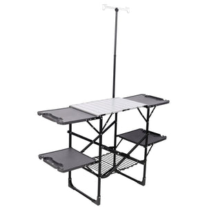 English Elm Folding Camp Kitchen Station Aluminum Top with Side Tables Lamp Post Storage Rack Black W465P439797