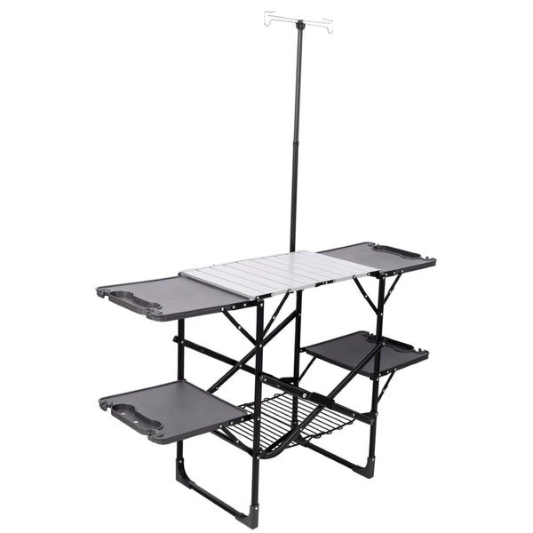 English Elm Folding Camp Kitchen Station Aluminum Top with Side Tables Lamp Post Storage Rack Black W465P439797