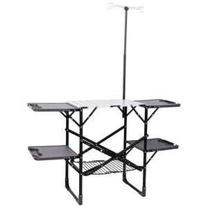 English Elm Folding Camp Kitchen Station Aluminum Top with Side Tables Lamp Post Storage Rack Black W465P439797