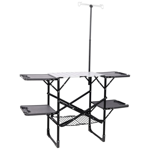 English Elm Folding Camp Kitchen Station Aluminum Top with Side Tables Lamp Post Storage Rack Black W465P439797