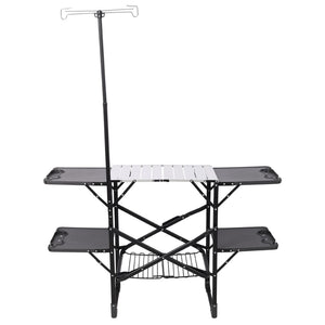English Elm Folding Camp Kitchen Station Aluminum Top with Side Tables Lamp Post Storage Rack Black W465P439797