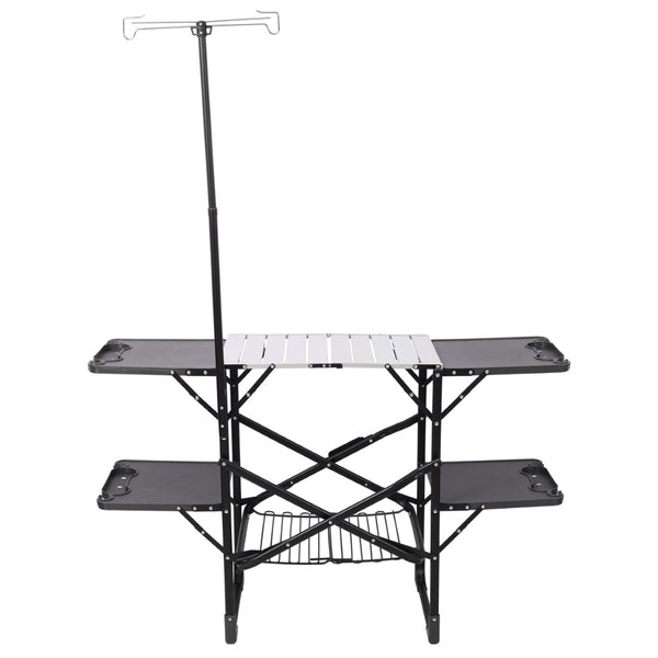 English Elm Folding Camp Kitchen Station Aluminum Top with Side Tables Lamp Post Storage Rack Black W465P439797