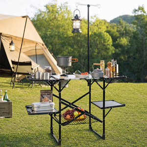 English Elm Folding Camp Kitchen Station Aluminum Top with Side Tables Lamp Post Storage Rack Black W465P439797