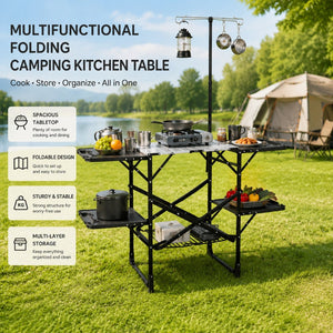 English Elm Folding Camp Kitchen Station Aluminum Top with Side Tables Lamp Post Storage Rack Black W465P439797