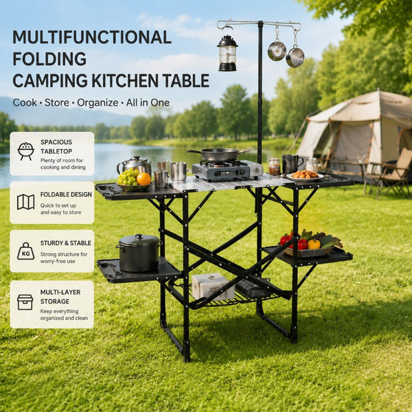 English Elm Folding Camp Kitchen Station Aluminum Top with Side Tables Lamp Post Storage Rack Black W465P439797