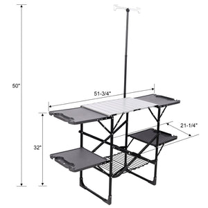 English Elm Folding Camp Kitchen Station Aluminum Top with Side Tables Lamp Post Storage Rack Black W465P439797