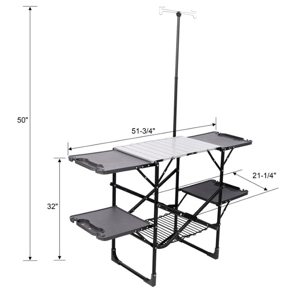 English Elm Folding Camp Kitchen Station Aluminum Top with Side Tables Lamp Post Storage Rack Black W465P439797