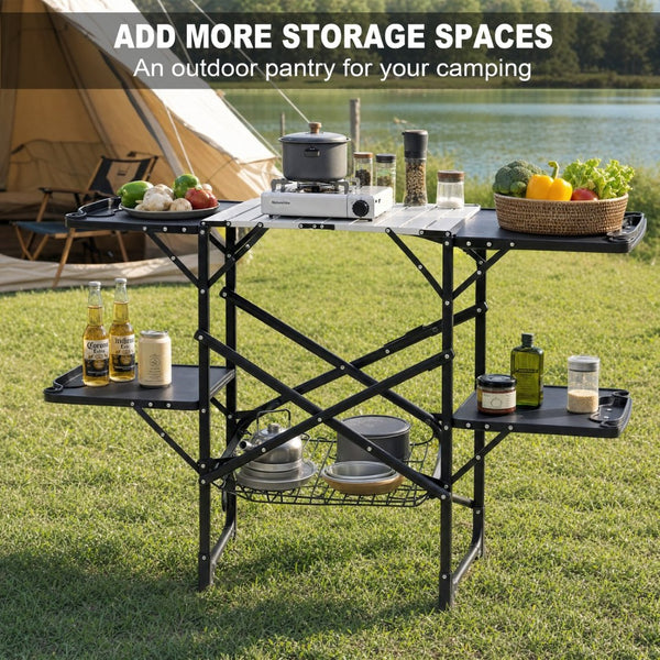 English Elm Folding Camp Kitchen Station Aluminum Top with Side Tables Lamp Post Storage Rack W465P439798