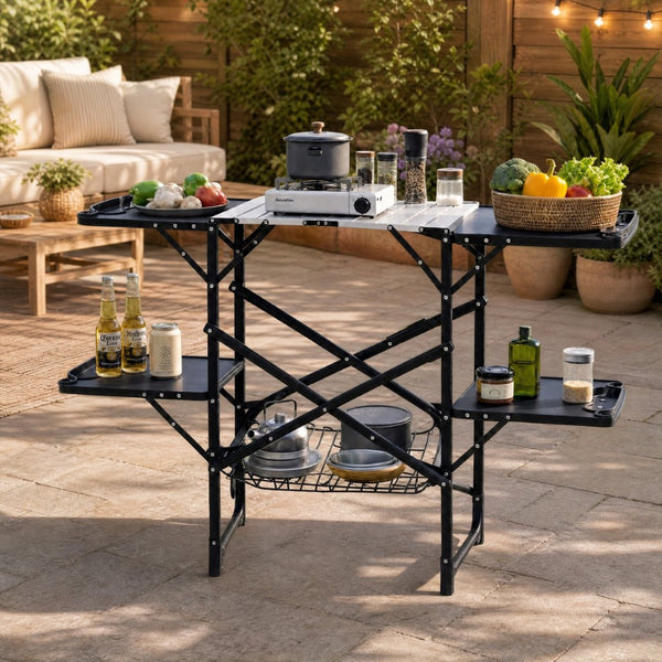 English Elm Folding Camp Kitchen Station Aluminum Top with Side Tables Lamp Post Storage Rack W465P439798
