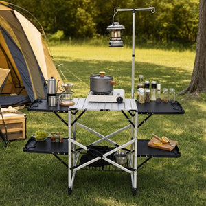 English Elm Folding Camp Kitchen Station Aluminum Top with Side Tables Lamp Post Storage Rack Silver W465P440752