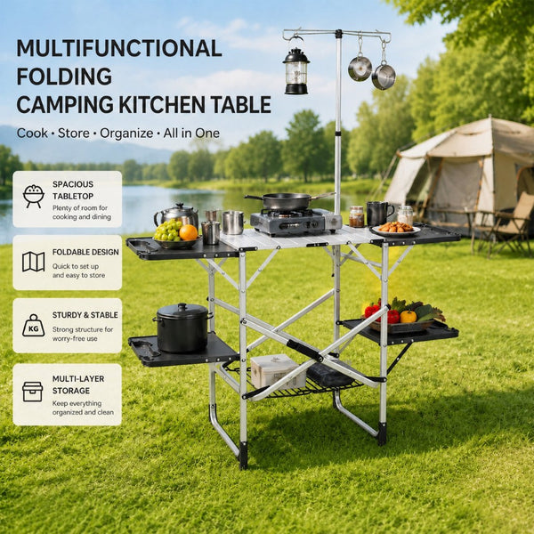 English Elm Folding Camp Kitchen Station Aluminum Top with Side Tables Lamp Post Storage Rack Silver W465P440752