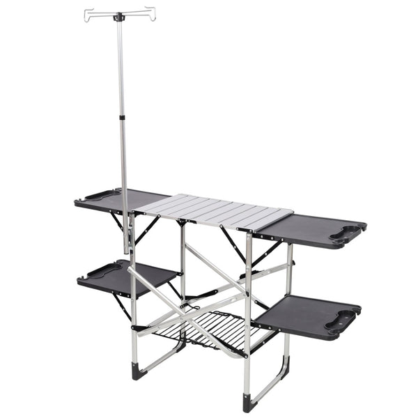 English Elm Folding Camp Kitchen Station Aluminum Top with Side Tables Lamp Post Storage Rack Silver W465P440752