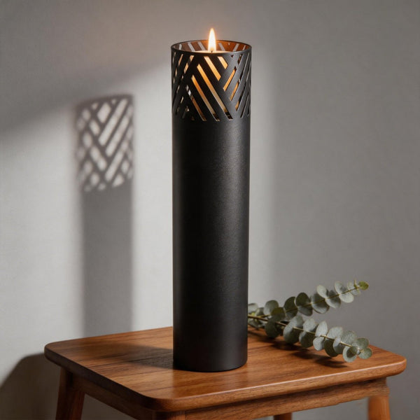 English Elm Lantern Column Set of 2 Oriental Cut-out Metal Pillar Candle Holders for Garden Entryway Black W465P498276