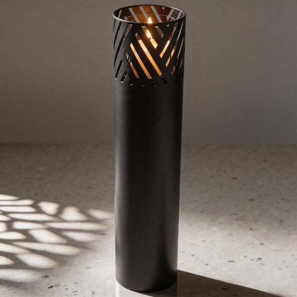 English Elm Lantern Column Set of 2 Oriental Cut-out Metal Pillar Candle Holders for Garden Entryway Black W465P498276