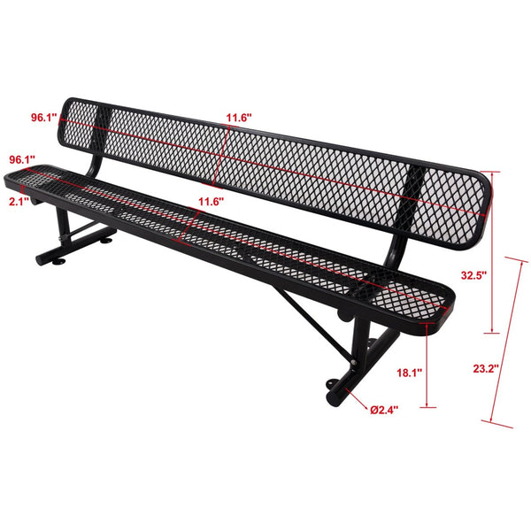 English Elm 8 Ft Perforated Steel Outdoor Bench with Reclined Backrest for Patio or Park Black W465S00012