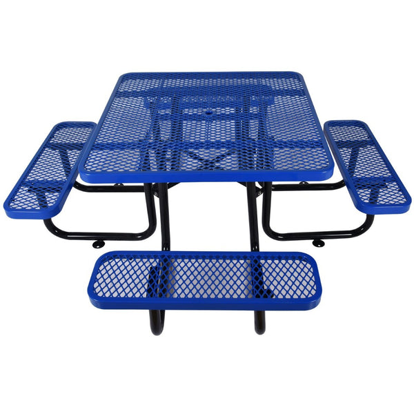 English Elm Square Outdoor Steel Picnic Table with Integrated Stools Perforated Top Umbrella Ready Blue W465S00013