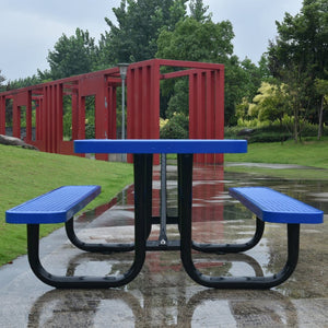 English Elm Square Outdoor Steel Picnic Table with Integrated Stools Perforated Top Umbrella Ready Blue W465S00013