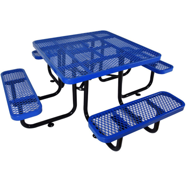 English Elm Square Outdoor Steel Picnic Table with Integrated Stools Perforated Top Umbrella Ready Blue W465S00013