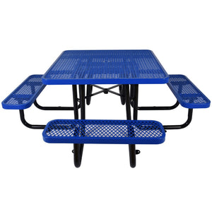 English Elm Square Outdoor Steel Picnic Table with Integrated Stools Perforated Top Umbrella Ready Blue W465S00013