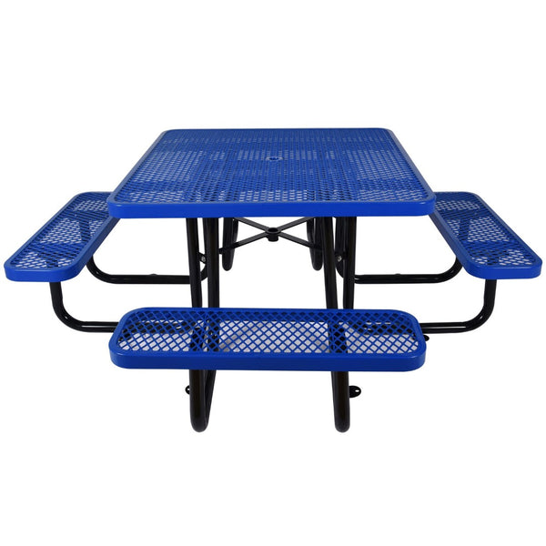 English Elm Square Outdoor Steel Picnic Table with Integrated Stools Perforated Top Umbrella Ready Blue W465S00013