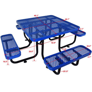 English Elm Square Outdoor Steel Picnic Table with Integrated Stools Perforated Top Umbrella Ready Blue W465S00013