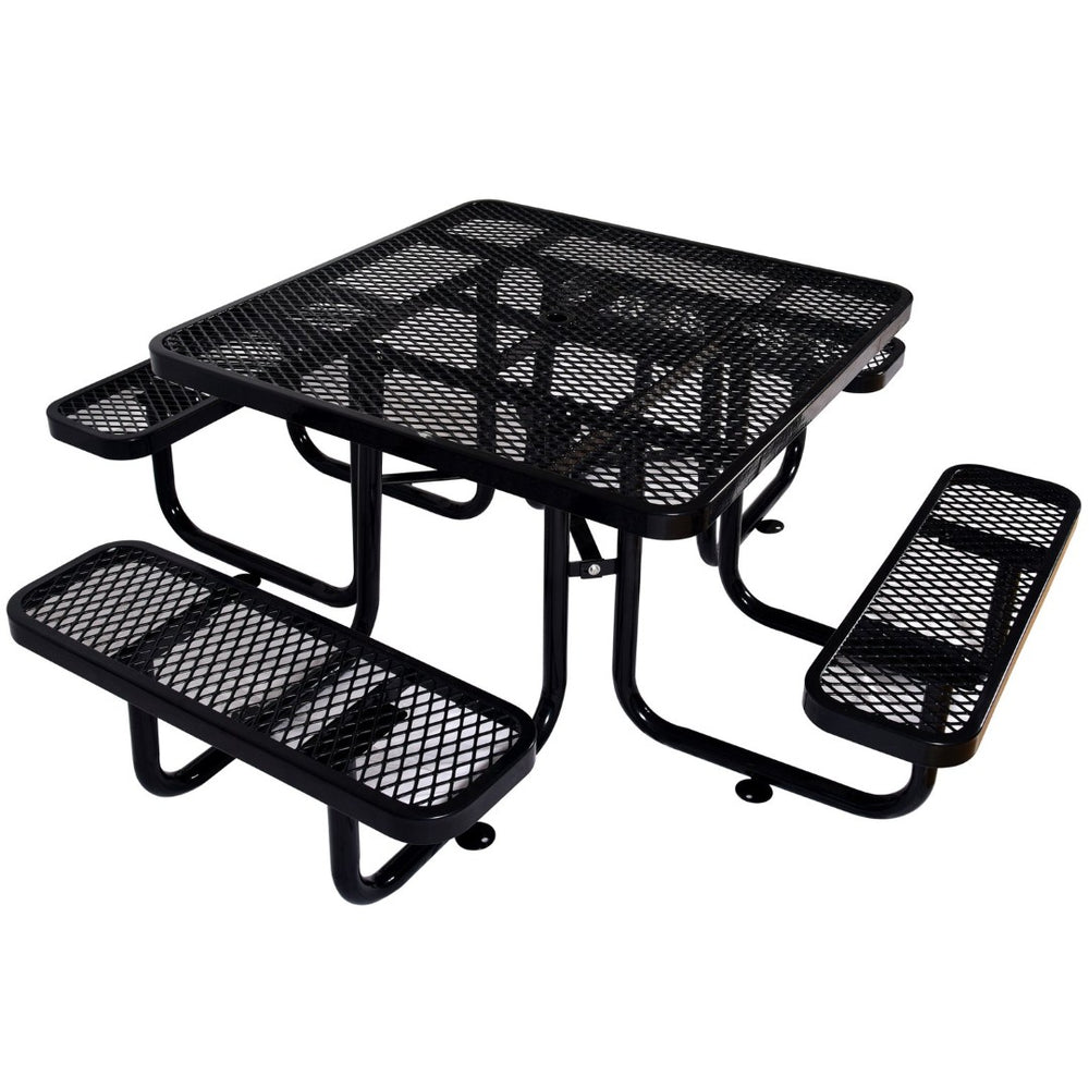 English Elm Square Outdoor Steel Picnic Table with Integrated Stools Perforated Top Umbrella Ready Black W465S00014