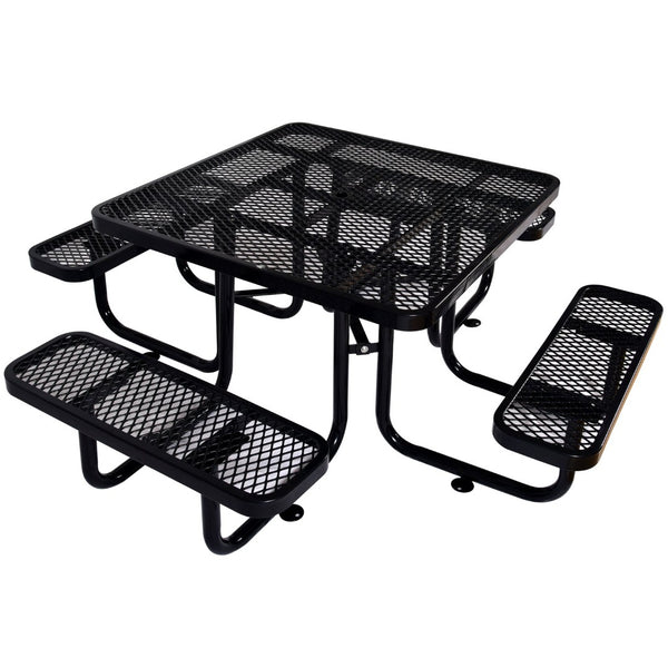 English Elm Square Outdoor Steel Picnic Table with Integrated Stools Perforated Top Umbrella Ready Black W465S00014