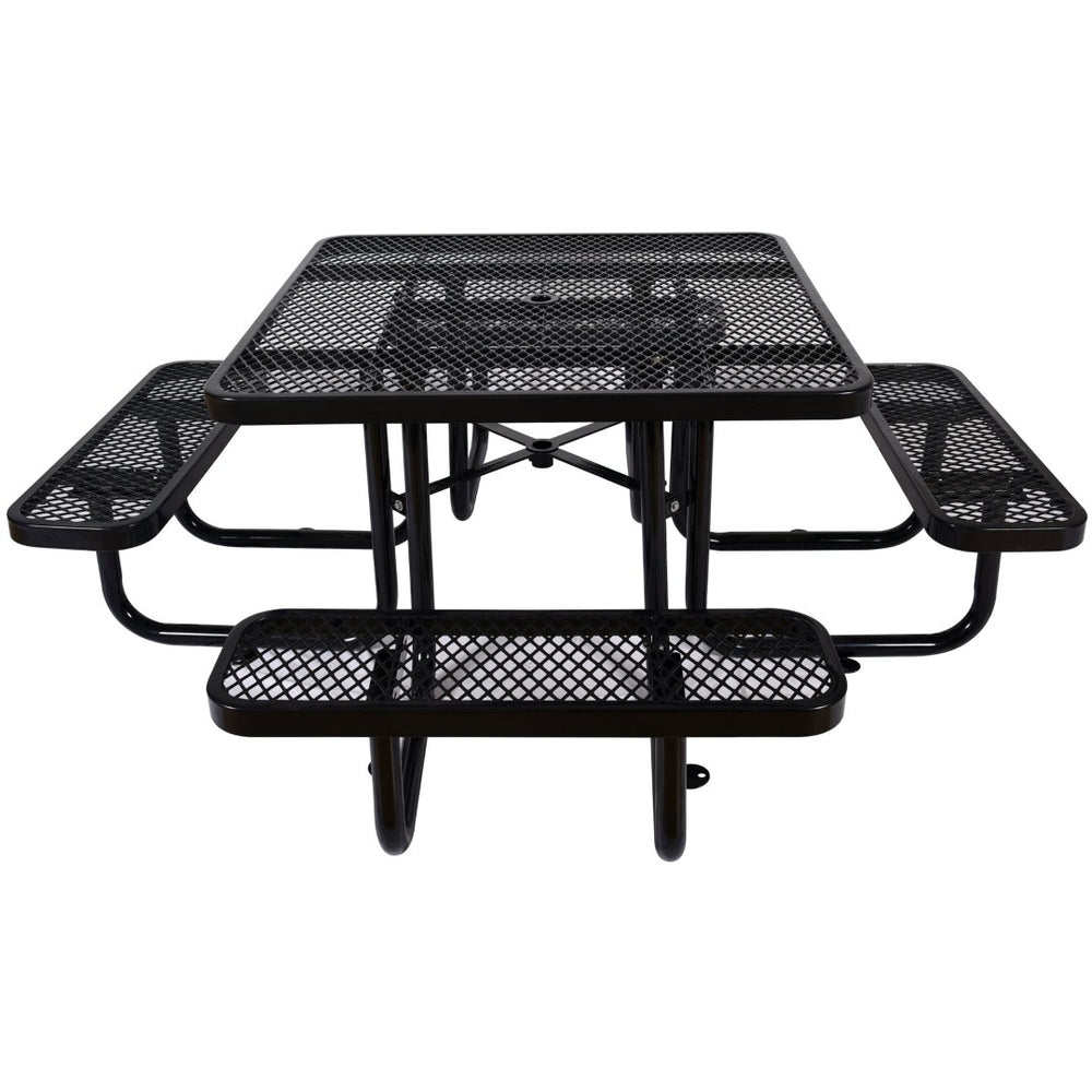 English Elm Square Outdoor Steel Picnic Table with Integrated Stools Perforated Top Umbrella Ready Black W465S00014