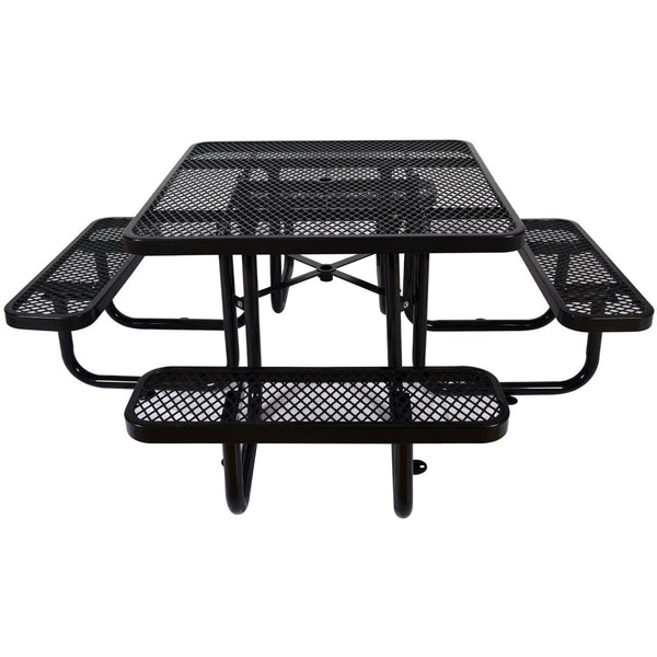 English Elm Square Outdoor Steel Picnic Table with Integrated Stools Perforated Top Umbrella Ready Black W465S00014