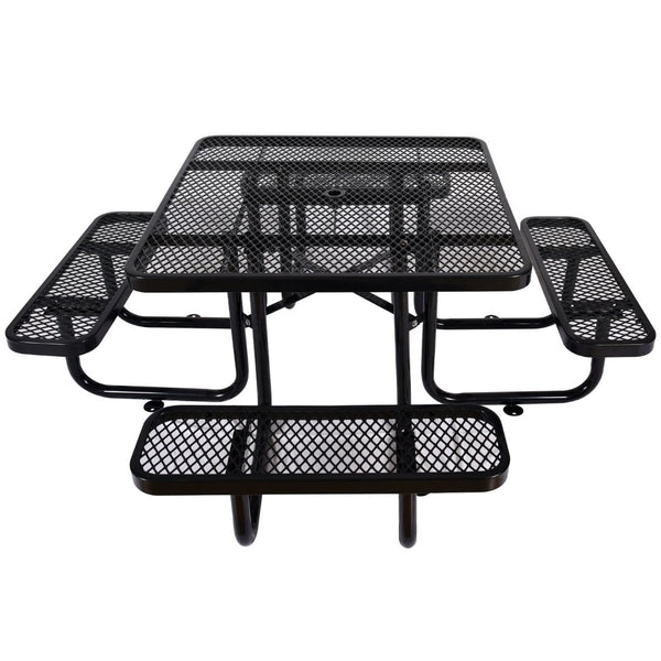 English Elm Square Outdoor Steel Picnic Table with Integrated Stools Perforated Top Umbrella Ready Black W465S00014