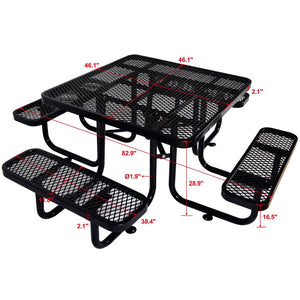 English Elm Square Outdoor Steel Picnic Table with Integrated Stools Perforated Top Umbrella Ready Black W465S00014