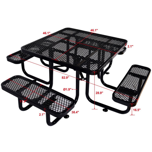 English Elm Square Outdoor Steel Picnic Table with Integrated Stools Perforated Top Umbrella Ready Black W465S00014