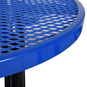 English Elm Round Outdoor Steel Picnic Table Set with Four Integrated Stools and Umbrella Port Blue W465S00015