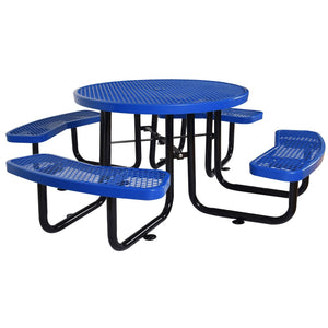 English Elm Round Outdoor Steel Picnic Table Set with Four Integrated Stools and Umbrella Port Blue W465S00015