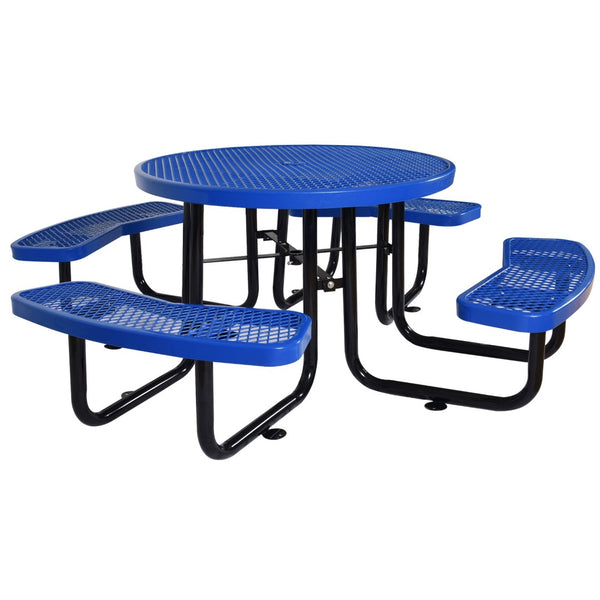 English Elm Round Outdoor Steel Picnic Table Set with Four Integrated Stools and Umbrella Port Blue W465S00015