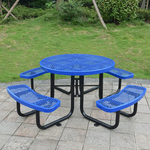 English Elm Round Outdoor Steel Picnic Table Set with Four Integrated Stools and Umbrella Port Blue W465S00015